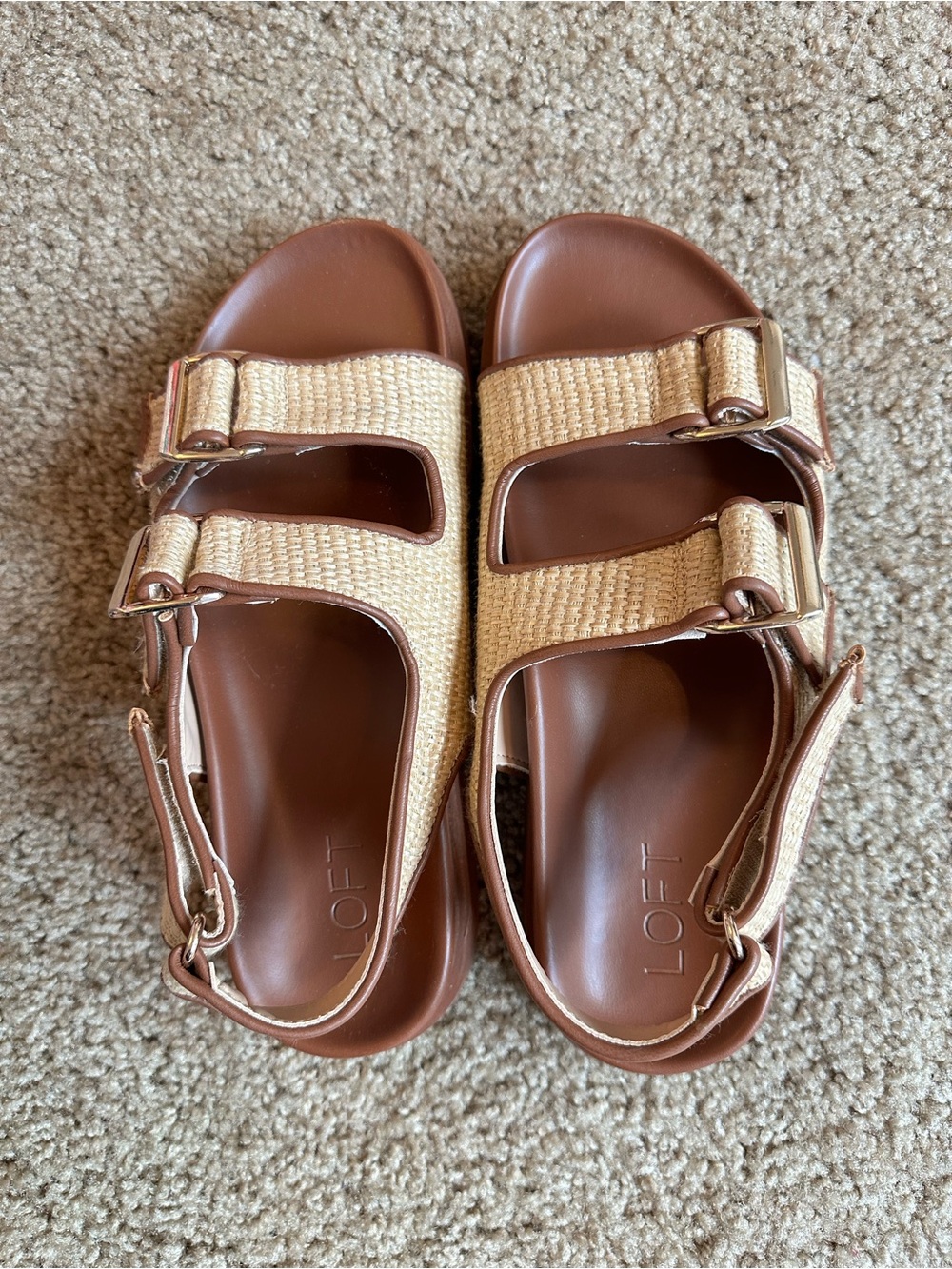 LOFT Tan Woven Dual-Buckle Sandals with Brown Footbed